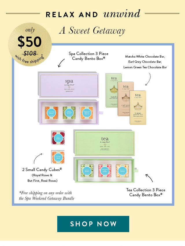 Relax and unwind - A Sweet Getaway: Spa 3 Pc Bento + Tea 3 Pc Bento + Matcha White Chocolate Bar + Earl Grey Chocolate Bar + Lemon Green Tea Chocolate Bar + But First, Rosé Roses + Royal Roses