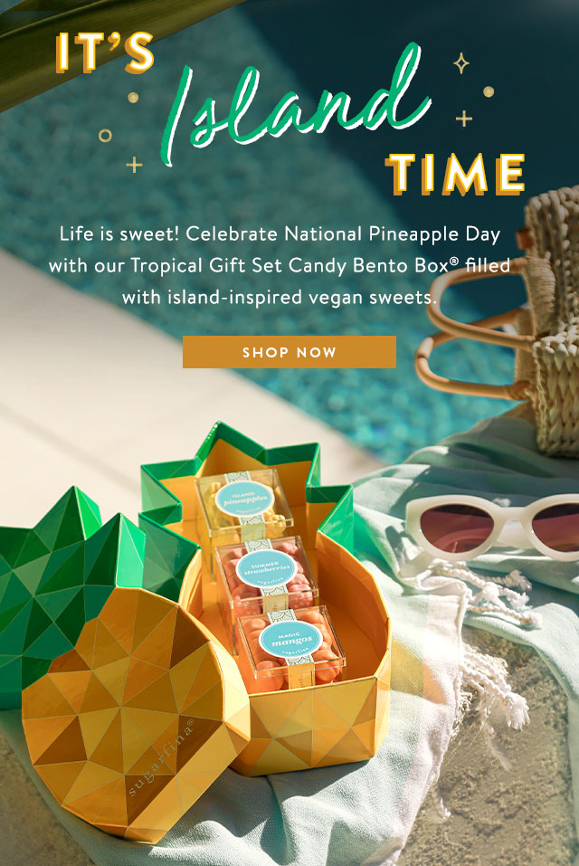 It’s island time! Life is sweet! Celebrate National Pineapple Day with our Tropical Candy Bento Box filled with island-inspired vegan sweets