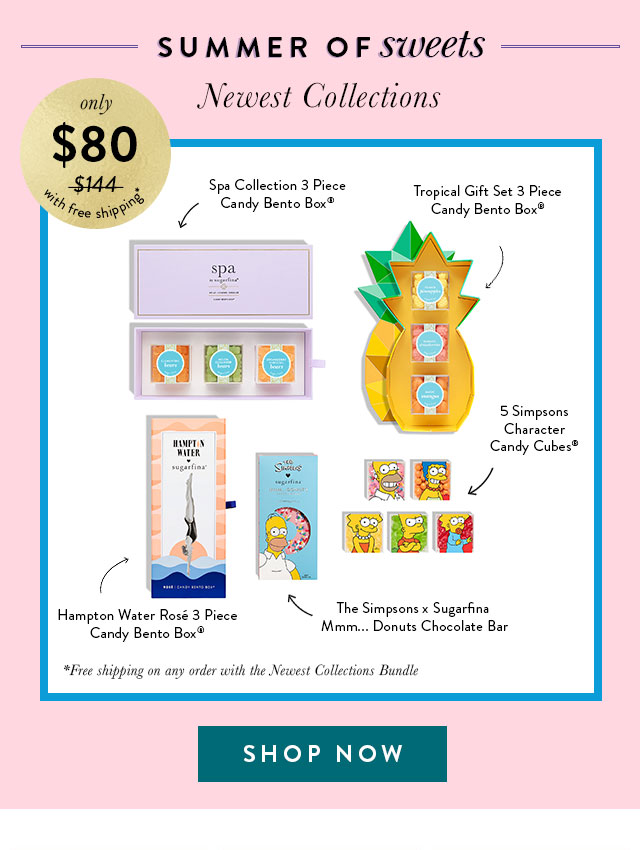 Newest Collections Bundle Tropical Gift Set Candy Bento Box® + Spa by Sugarfina 3 Piece Candy Bento Box® + Hampton Water Rosé 3 Piece Candy Bento Box® + The Simpsons 5 Piece Bundle+ The Simpsons x Sugarfina Mmm... Donuts Chocolate Bar