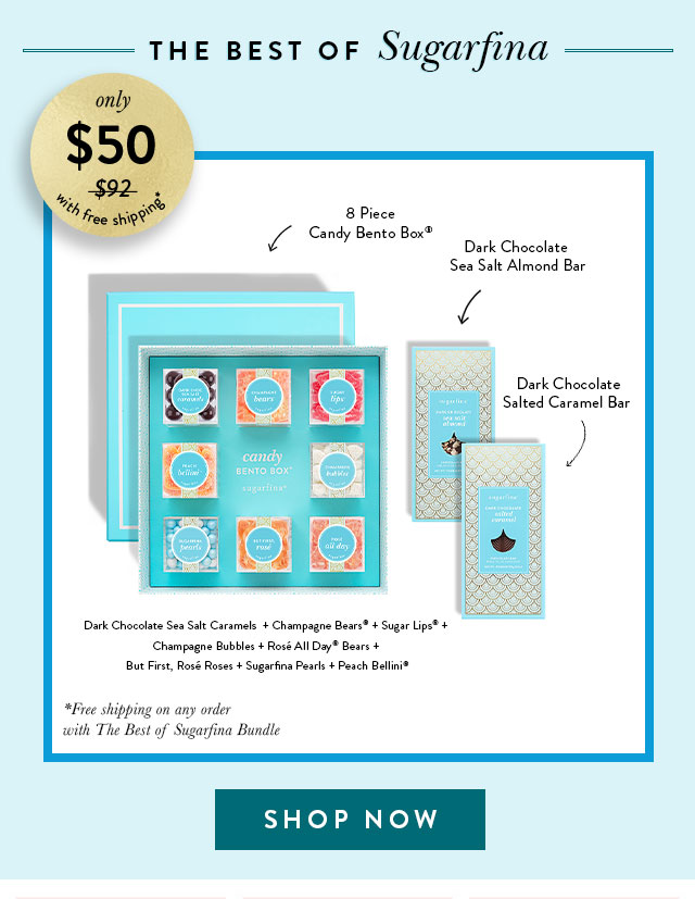 The Best Of Sugarfina - The Best of Sugarfina Bundle [8 Piece Candy Bento Box® with Champagne Bears® + Champagne Bubbles + Sugar Lips® + But First, Rosé Roses + Rosé All Day Bears® + Peach Bellini® + Dark Chocolate Sea Salt Caramels + Sugarfina Pearls] + Dark Chocolate Sea Salt Almond Bar + Dark Chocolate Salted Caramel Bar