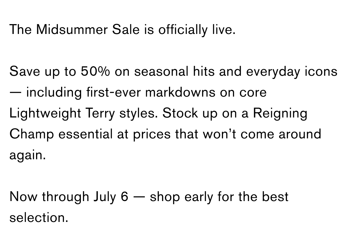 Now Live: Midsummer Sale — Up to 50% Off
