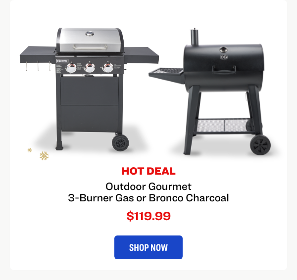 Outdoor Gourmet 3-burner gas or Bronco charcoal