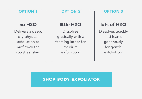 OPTION 1 OPTION 2 OPTION 3 no H20 little H2O lots of H2O Delivers a deep, Dissolves Dissolves quickly dry physical gradually with a and foams exfoliation to foaming lather for generously buff away the medium for gentle roughest skin. exfoliation. exfoliation. SHOP BODY EXFOLIATOR 
