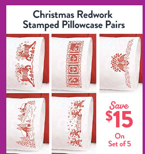 Christmas Redwork Stamped Pillowcase Pairs - Save $15 On Set of 5