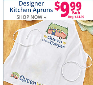 Designer Kitchen Aprons, $9.99 Each, Reg. $14.99 - SHOP NOW Designer s Kitchen Aprons m,' Reg 51459 SHOP NOW 