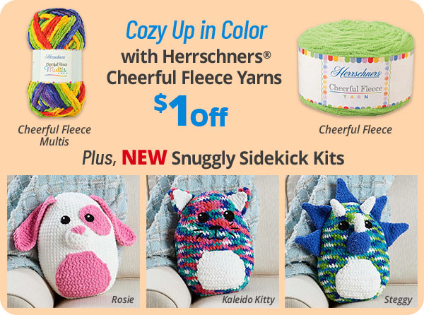 Cozy Up in Color with Herrschners Cheerful Fleece Yarns $1 Off - Plus, NEW Snuggly Sidekick Kits - Cheerful Fleece Multis - Cheerful Fleece - Rosie -Kaleido Kitty - Steggy