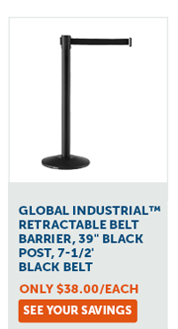 Global Industrial™ Retractable Belt Barrier, 39" Black Post, 7-1/2' Black Belt | Only $38.00/ea - See Your Savings