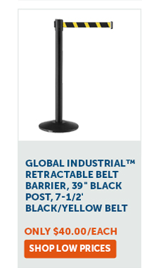 Global Industrial™ Retractable Belt Barrier, 39" Black Post, 7-1/2' Black/Yellow Belt - Shop Low Prices