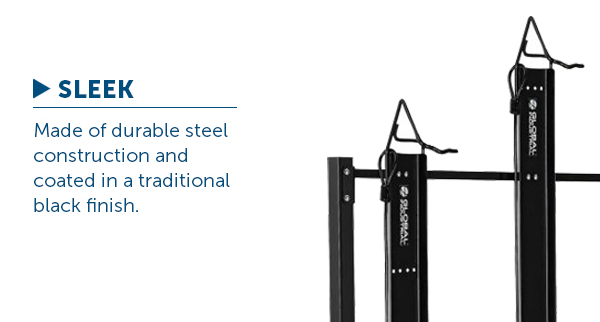 SLEEK - Made of durable steel construction and coated in a traditional black finish.