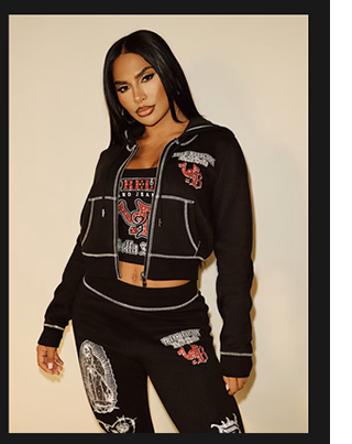 SHOP TRUE RELIGION X BELLA DOÑA CRYSTAL SHRUNKEN ZIP HOODIE