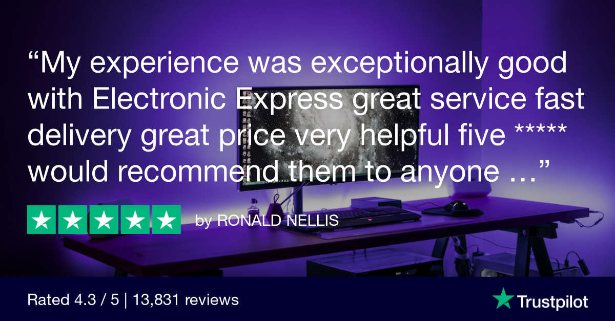 a review praising good service and delivery superimposed over a purple lit room containing a wide computer monitor and gaming computer