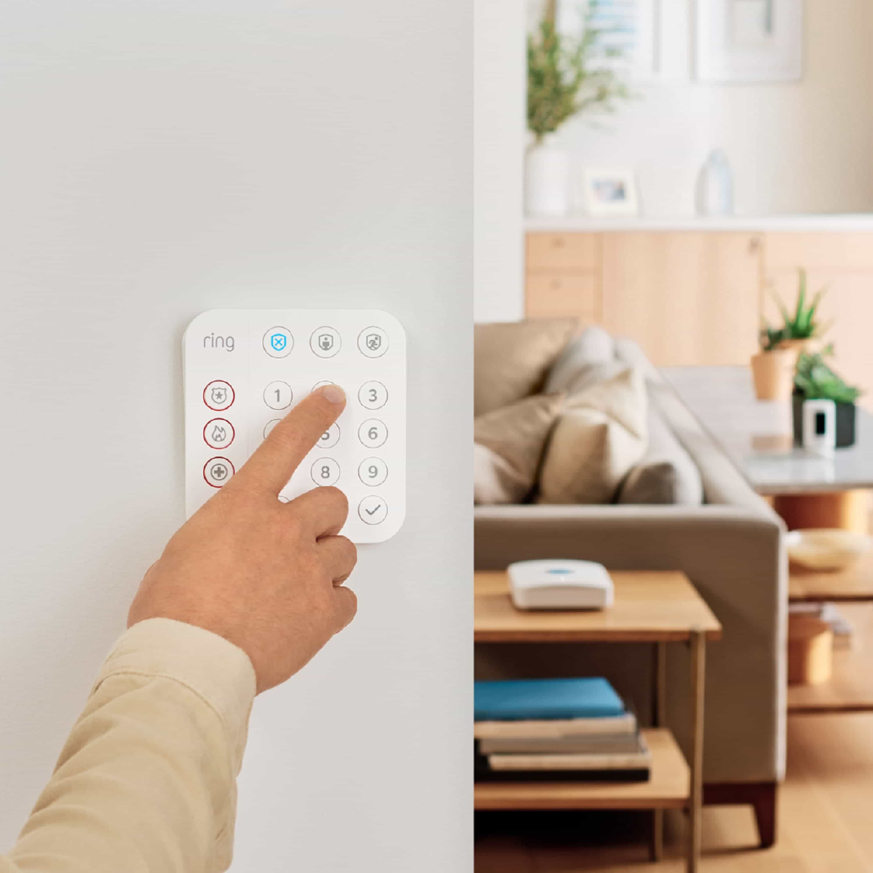 A hand is shown pressing buttons on a white security keypad. The keypad is on a light gray wall and past the wall a living room is shown in daylight.