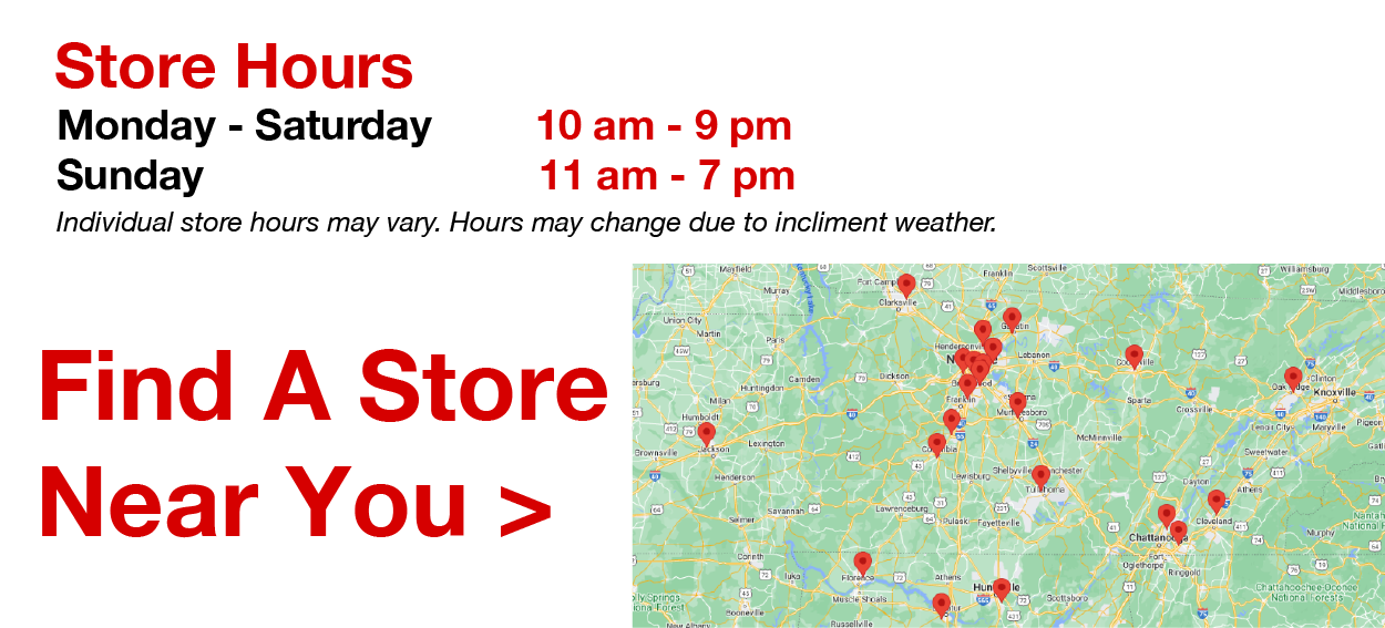 Store Hours- Monday - Saturday, 10 am to 9 pm, Sunday 11 am to 7 pm. Store hours may vary based on location or weather.
