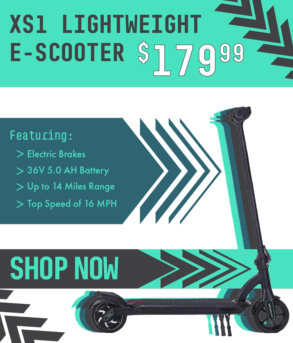 XS1 Lightweight E-Scooter, only $179.99. Featuring electric brakes, a 36V 5.0 AH battery, up to 14 miles of range and a top speed of 16 miles per hour.