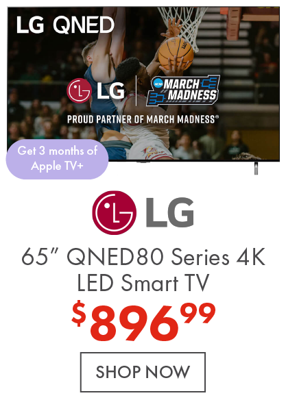 LG 65” QNED80 Series 4K LED Smart TV now $869.99! Plus get 3 months of apple TV +