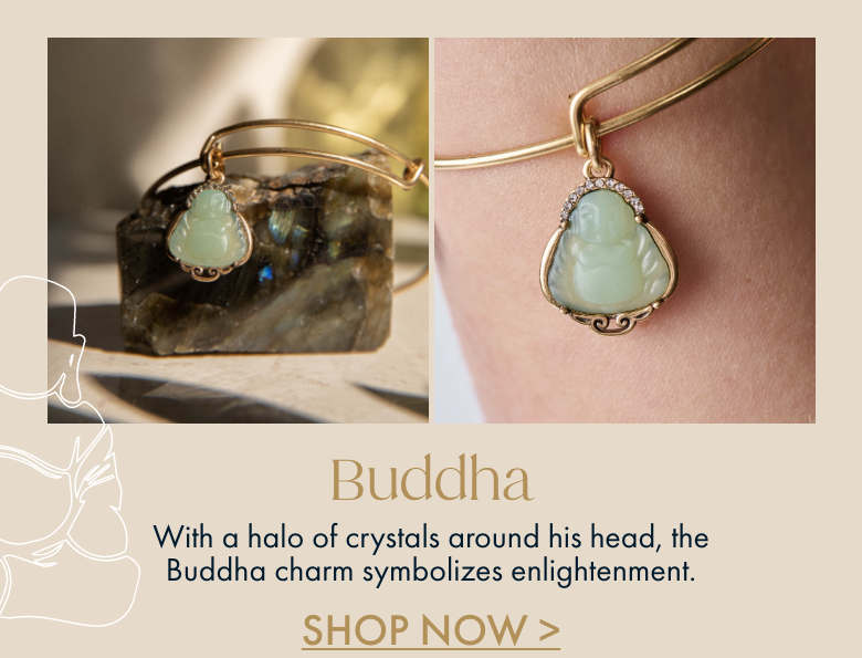  With a halo of crystals around his head, the Buddha charm symbolizes enlightenment. 