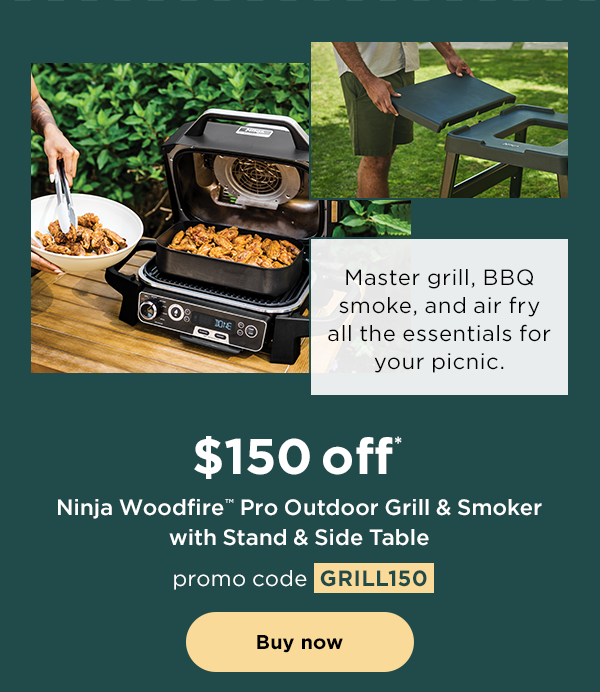 $150 off* Ninja Woodfire™ Pro Outdoor Grill & Smoker with Stand & Side Table with promo code GRILL150