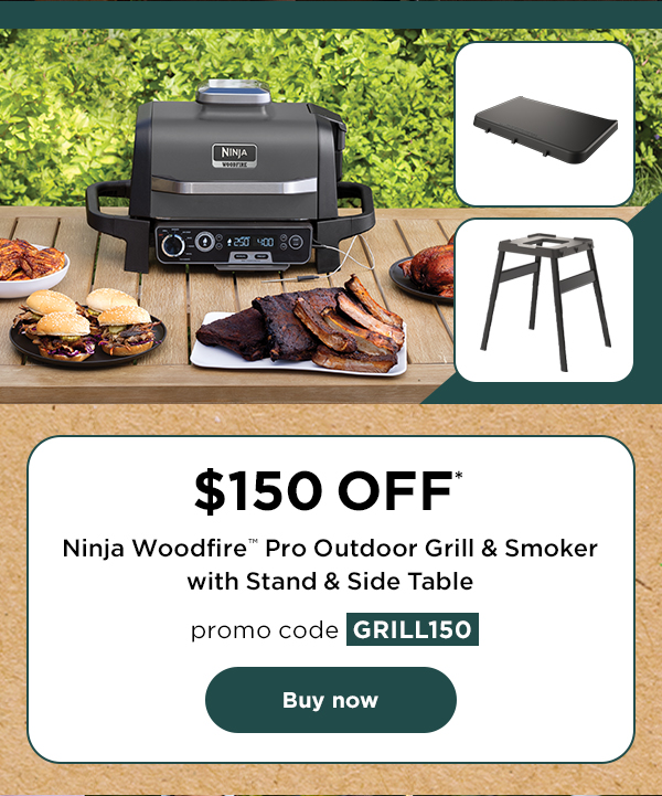 $150 off* Ninja Woodfire Pro Outdoor Grill & Smoker with Stand & Side Table with promo code GRILL150