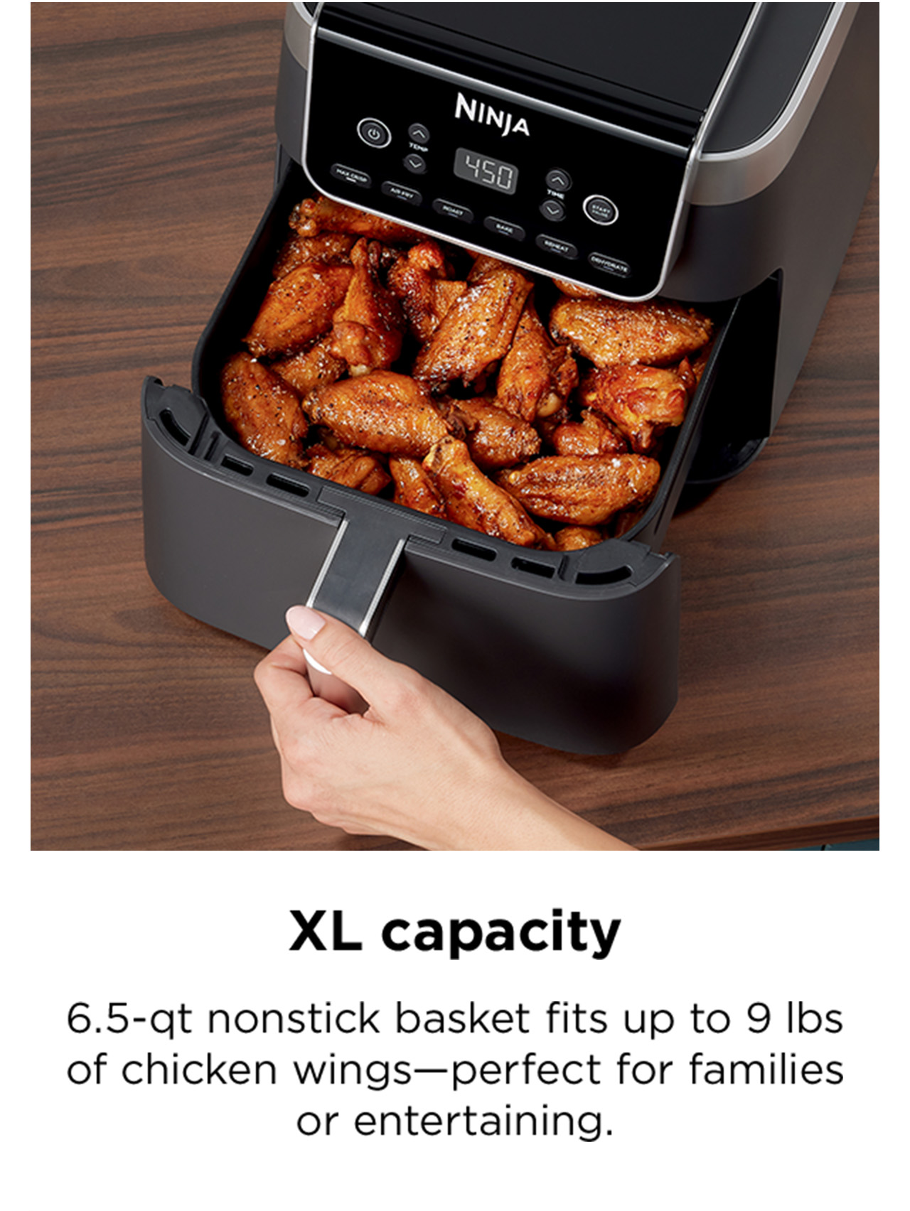 XL Capacity - 6.5-qt nonstick basket fits up to 9 lbs of chicken wings--perfect for families or entertaining.