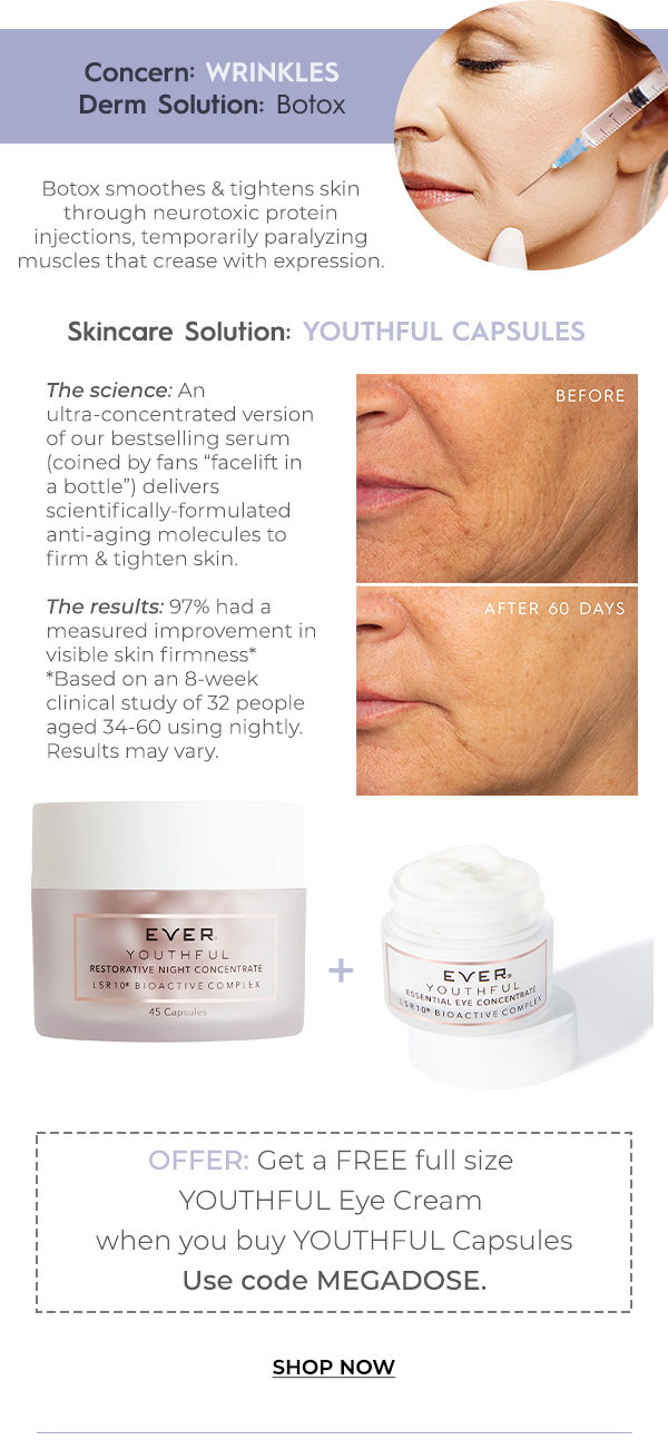 WRINKLES Botox smoothes tightens skin through neurotoxic protein injections, temporarily paralyzing muscles that crease with expression. Skincare Solution: YOUTHFUL CAPSULES The science: An BEFORE ultra-concentrated version of our bestselling serum coined by fans facelift in a bottle delivers scientifically-formulated anti-aging molecules to firm tighten skin. The results: 97% had a ARG measured improvement in visible skin firmness* *Based on an 8-week clinical study of 32 people aged 34-60 using nightly. Results may vary. N . EVE;HUL . o vk B SRS OFFER: Get a FREE full size YOUTHFUL Eye Cream when you buy YOUTHFUL Capsules Use code MEGADOSE. SHOP NOW 