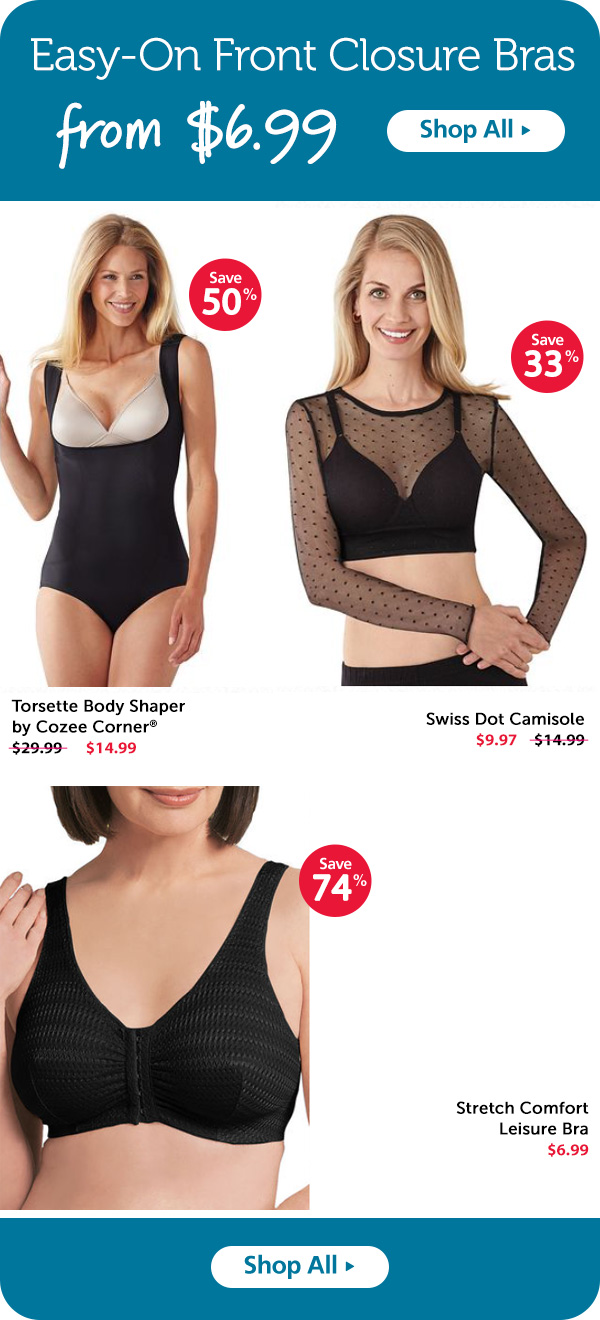 Easy-On Front Closure Bras from $6.99 EZID Torsette Body Shaper ! by Cozee Cor Swiss Dot Camisole Stretch Comfort Leisure Bra 