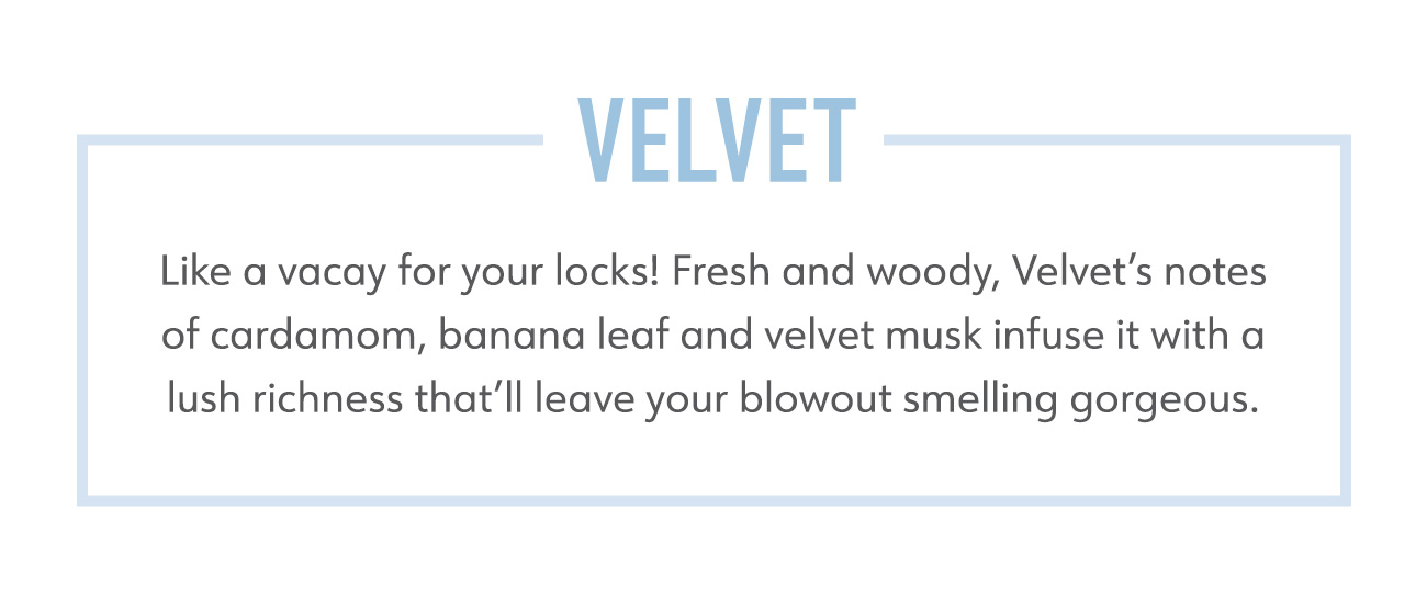 VELVET Like a vacay for your locks! Fresh and woody, Velvet's notes of cardamom, banana leaf and velvet musk infuse it with a lush richness that'll leave your blowout smelling gorgeous. 
