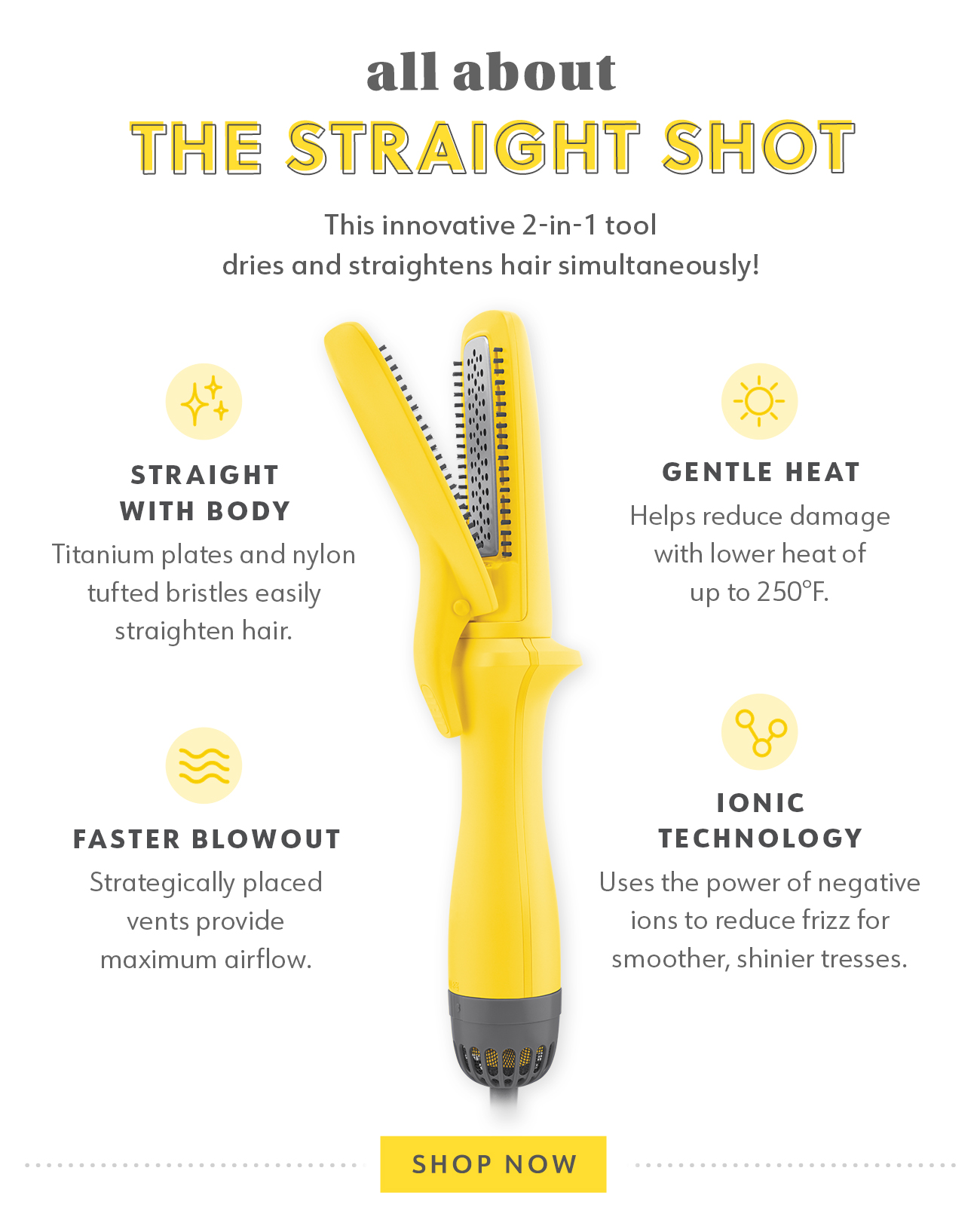 all about THE STRAIGHT SHOT This innovative 2-in-1 tool dries and straightens hair simultaneously! Il 4 XX STRAIGHT GENTLE HEAT WITH BODY Helps reduce damage with lower heat of up to 250F. Titanium plates and nylon tufted bristles easily straighten hair. e NN X IONIC FASTER BLOWOUT TECHNOLOGY Strategically placed Uses the power of negative vents provide ions to reduce frizz for maximum airflow. smoother, shinier tresses. 
