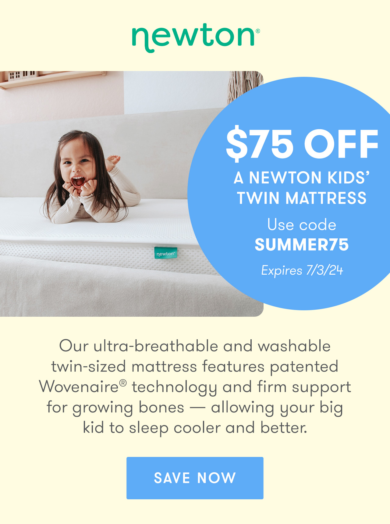 Save $75 on a Newton Kids' Twin Mattress with code SUMMER75