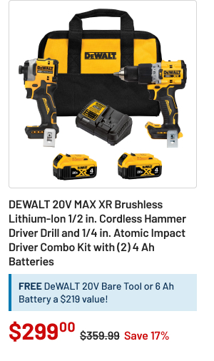 Dewalt 20V MAX XR Brushless Lithium-Ion 1/2 in. Cordless Hammer Driver Drill and 1/4 in. Atomic Impact Driver Combo Kit with (2) 4 Ah Batteries