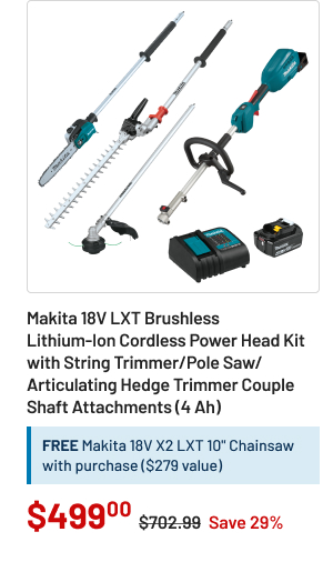 Makita 18V LXT Brushless Lithium-Ion Cordless Power Head Kit with String Trimmer/Pole Saw/Articulating Hedge Trimmer Couple Shaft Attachments (4 Ah)